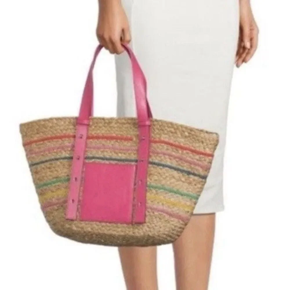 Time & Tru Natural Jute Straw Braided Striped Pink Pocket Tote/Shoulder Bag